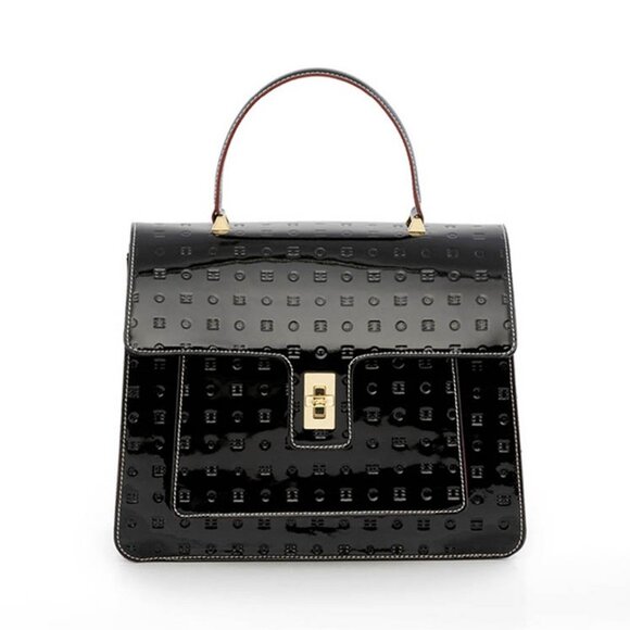 Nwot ARCADIA Marilena Embossed Patent Leather Satchel black Italian Leather Bag - Picture 1 of 14
